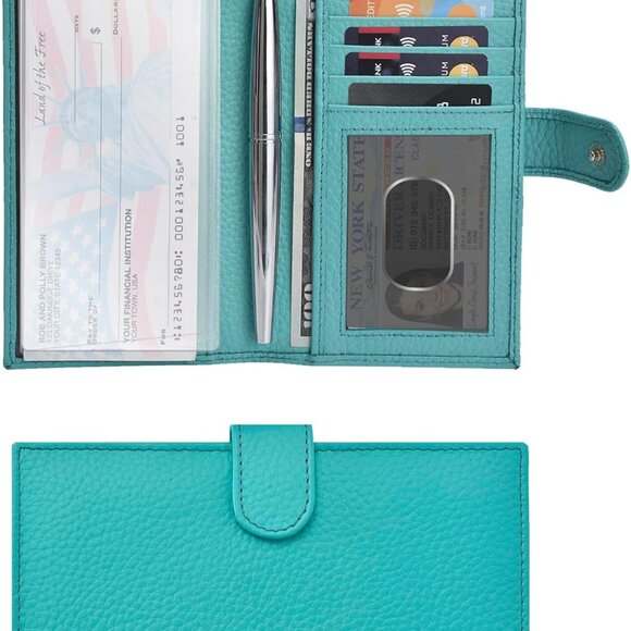Leather Checkbook Cover for Men & Women -RFID Slim Wallet Pen Holder Credit Card - Picture 2 of 7